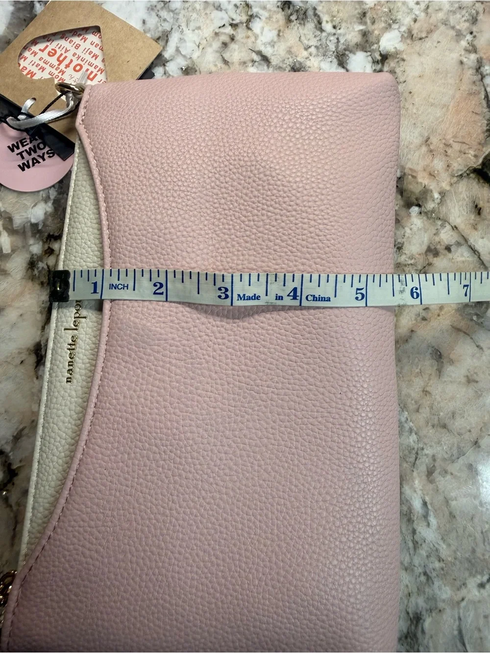 Nanette Lepore Pink and Cream Leather Wristlet with Removable Gold Cross Chain